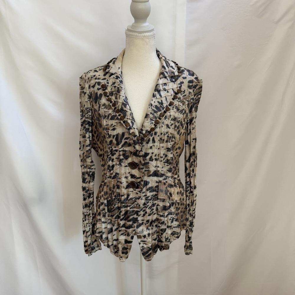 ALBERTO MAKALI SNAKE LEOPARD PRINT FITTED STRETCH JACKET CRINKLE SIZE M